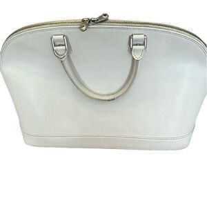 Pulcati white leather double zip double handle bowling bag style handbag GUC